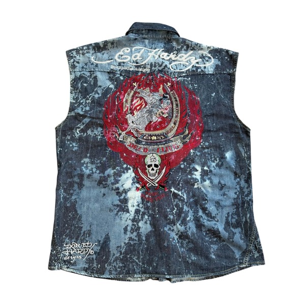 Ed Hardy Other - Ed Hardy Mens XXXL Acid Wash Denim Sleeveless Shirt Dead or Alive Skull Blue